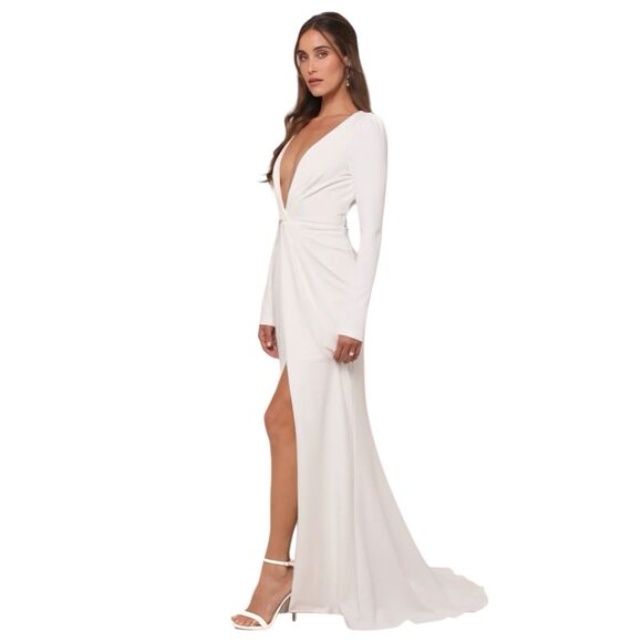 Lulus Stunning Romance Maxi Dress Womens L White L/S Mermaid Wedding Gown V-Neck - Picture 7 of 11